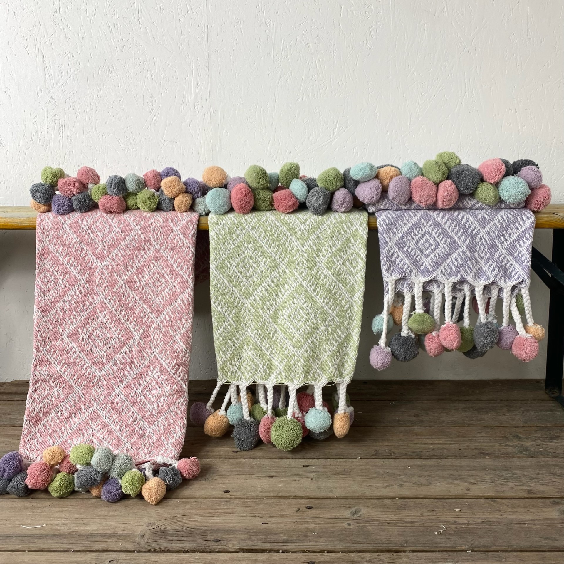 Recycled Cotton Fair Trade Throw with multi-coloured Pom Pom  150cm x 125cm